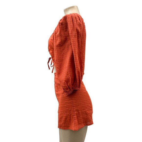 ASOS Eyelet Textured Ruched Tie Cutout Burnt Orange Puff Sleeve Playsuit Women 2 - Picture 5 of 12
